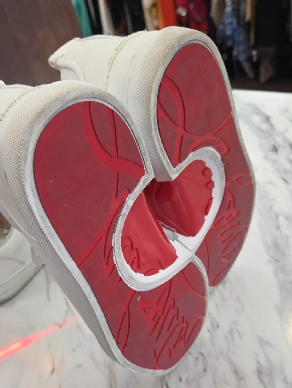 Christian Louboutin White Low-Top Leather Sneakers with Red Heel Accent